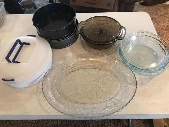 Anchor ovenware casserole, 2qt. bowl w/ lid, Glass pie plates, Cheese cake pans, Tupperware