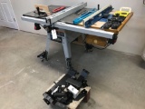 Delta 10'' left tilt contractors table saw on caster w/brakes, T fence system, another set of