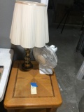 Oak end table, table top lamp and Wind mere fan