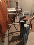 5' Wooden stepladder and (2) metal folding portable sawhorses