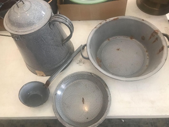 Coffee Pot, Dish Pan Plate, and Dipper, Gray Enamelware