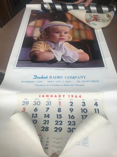 Cinderella Lithograph with Certification and 1964 Calendar from Duke's Radio Co. Sioux City.