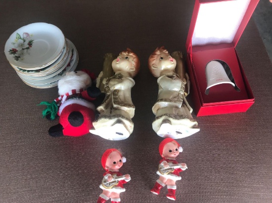 60's Style Candle Holders and Figurines, Saucers, and Hallmark 2008 Bell Ornament.