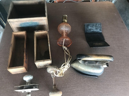 Vintage Pink Glass Lamp, Iron, Door Latches, Cheese Boxes and Yeast Foam Box.