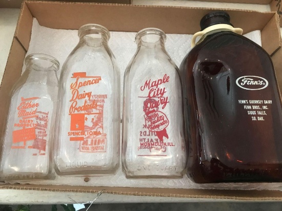 Milk Bottle Collection. 1/2 Gal. Fenn's Diary Sioux Falls, (1) Qt. Maple City, Monmouth, Ill, (1)