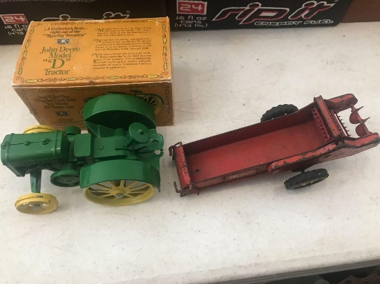 Toy Tractor, John Deere Model "D" and McCormick Spreader with Steel Wheels, Missing Tongue.