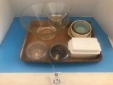 Chip and Dip Set, (2) Covered Fire King Bowls, Butter Dish, and Bowls.