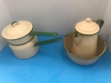 Double Boiler, Coffee Pot and Pan. Green Rim/Tan Enamelware. Good Condition.