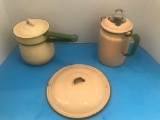 Double Boiler, Coffee Pot and Lid. Green Rim/Tan Enamelware. Good Condition.