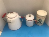 (2) Coffee Pots, Red/White Enamelware and Crackerjack Tin