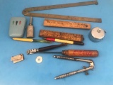 (2) Rulers, Old Coca Cola Pick, Advertising Pens, Sewing Machine Oil Can, Case Cracking Tool, and