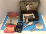 Small Trunk, President's Spoons (Silver-plate), Hairbrush and Mirror (Silver?), Salt/Pepper in