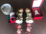 60's Style Candle Holders and Figurines, Saucers, and Hallmark 2008 Bell Ornament.