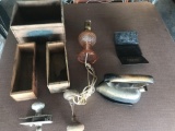 Vintage Pink Glass Lamp, Iron, Door Latches, Cheese Boxes and Yeast Foam Box.