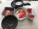 ASST FRYING PANS PYREX GLASS PIE PLATES MEATLOAF DISHES