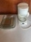 3 glass baking dishes, and coffee pot.
