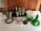 (6) Dr. Pepper pop bottles, Vaseline vase, various glass dishes