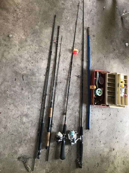 Open faced rod and reel, Zebco rod and reel, and tackle box