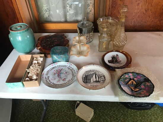 Various plates (anniversary and church), large press glass dish, ice bucket, clock, and lidded clay