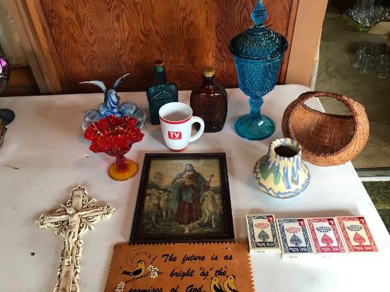 Religious pictures/cross, fancy candy dishes, tall blue pressed glass vase, and more!