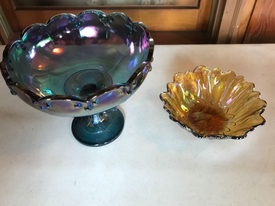 8'' stemmed carnival glass bowl and smaller carnival candy dish.
