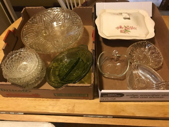 Covered dish, fancy Jelly dishes, relish dish, 3-legged bowl, and other fancy glassware.