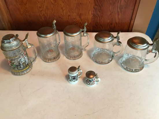 2 mini steins, larger lidded stein, (2) sets of 2 etched glass steins.