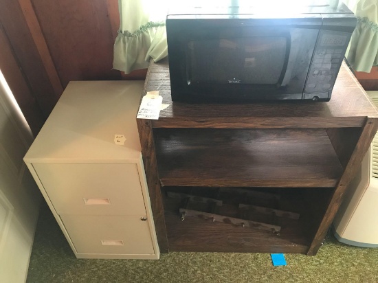 Rival microwave, Microwave stand and (2) drawer letter size file.