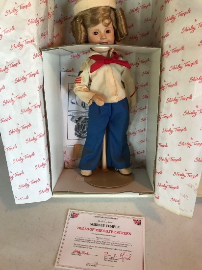Shirley Temple doll w/ box and stand "Stand Up and Cheer" w/ authenticity by Danbury Mint. SN: G13 -
