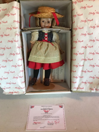 Shirley Temple doll in original box w/ stand "Heidi" w/ authenticity by Danbury Mint. SN: G13 - 14''