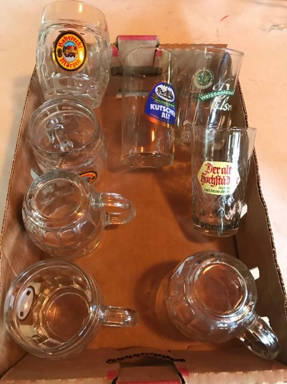 5 handled beer mugs and 3 other wine/beer glasses