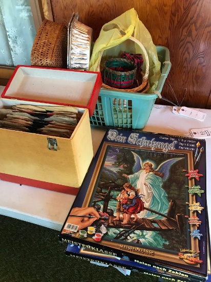 Vintage box of 10'' RCA Victor turn table records w/ individual covers, (2) religious oil paintings