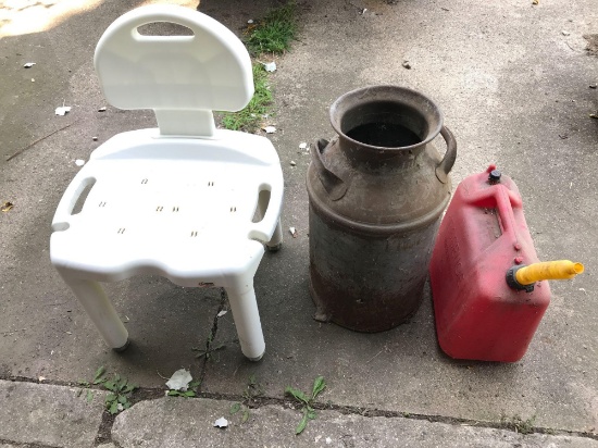 10 gal. cream can, tub/shower chair, and plastic gas can