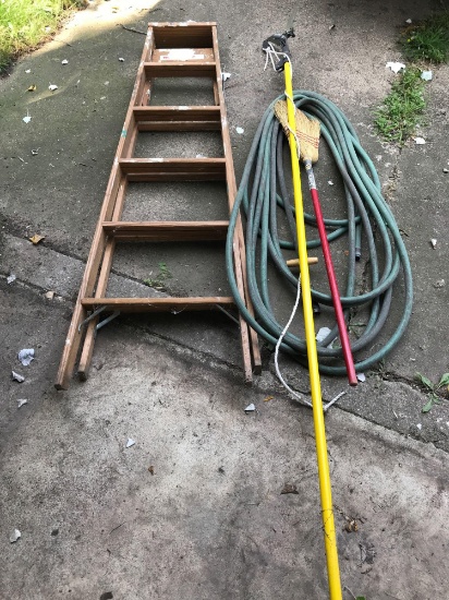 5' wood step ladder, garden hose, tree pruner, and broom