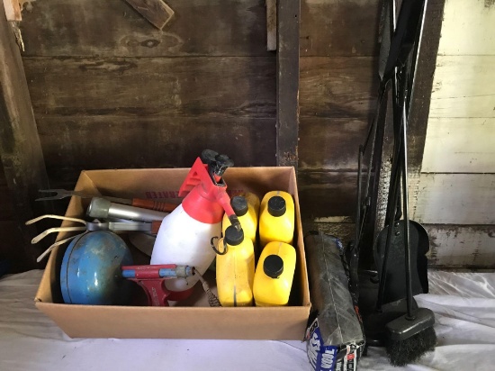 (4) partial quarts of Pennzoil 10W-30, sewer tape, and some garden utensils, plus fire place tools
