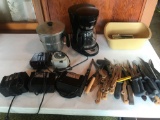 Coffee pot, several knives and butcher knives, 3 Freshen Aire units, timers, and more!
