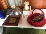 Maxwell House coffee carafe, frying pan, Wok, a porcelain night light angel and wicker basket, and