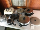 Various Kettles, and GE electric skillet w/ cord.