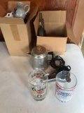 Large Coors beer glass, antique hair dryer, coffee pot, modern cast iron skillets, milk glass