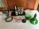 (6) Dr. Pepper pop bottles, Vaseline vase, various glass dishes