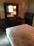 3 piece regular sized bed set including regular bed, mirrored dresser, night stand, and 5 drawer