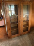 Solid oak 2 door display case - measurements: 57'' Long, 72'' High, 17'' Deep. w/ 3 shelves,
