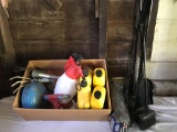 (4) partial quarts of Pennzoil 10W-30, sewer tape, and some garden utensils, plus fire place tools