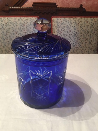 Cobalt blue lead crystal Cookie jar with lid, 6" diameter, 6 3/4" tall (excellent).