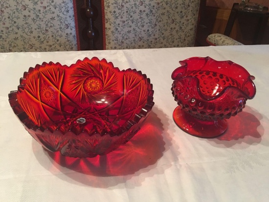 Authentic Westmoreland Ruby red 8" diameter crystal bowl, ruby red hobnail crimped vase.