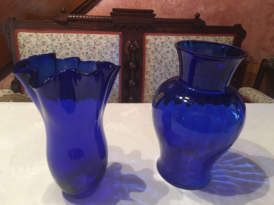 2 cobalt blue 10 1/2'' & 11'' tall flower vases.