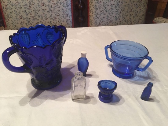 Cobalt blue lead crystal 5'' tall double handled pitcher (excellent), Wyeth eye glass wash, mini