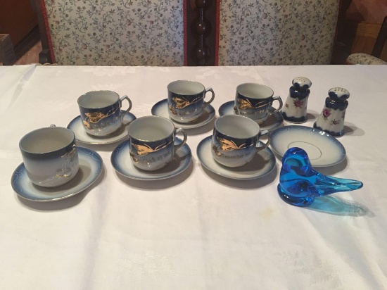 Salt and pepper shaker, 6 cups and 7 saucers (some cups with chips), Bluebird of Happiness.