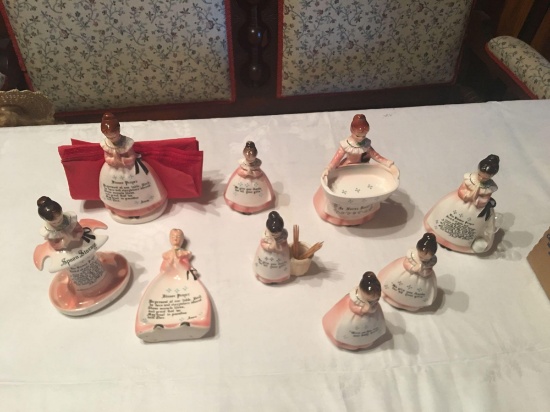 9 Prayer lady figurines; napkin holder, spoon storage, spoon rest, toothpick holder, salt and pepper