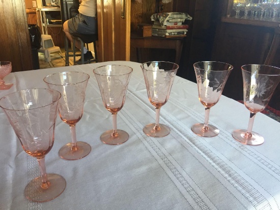 6 3/4'' tall pink Depression etched water glasses